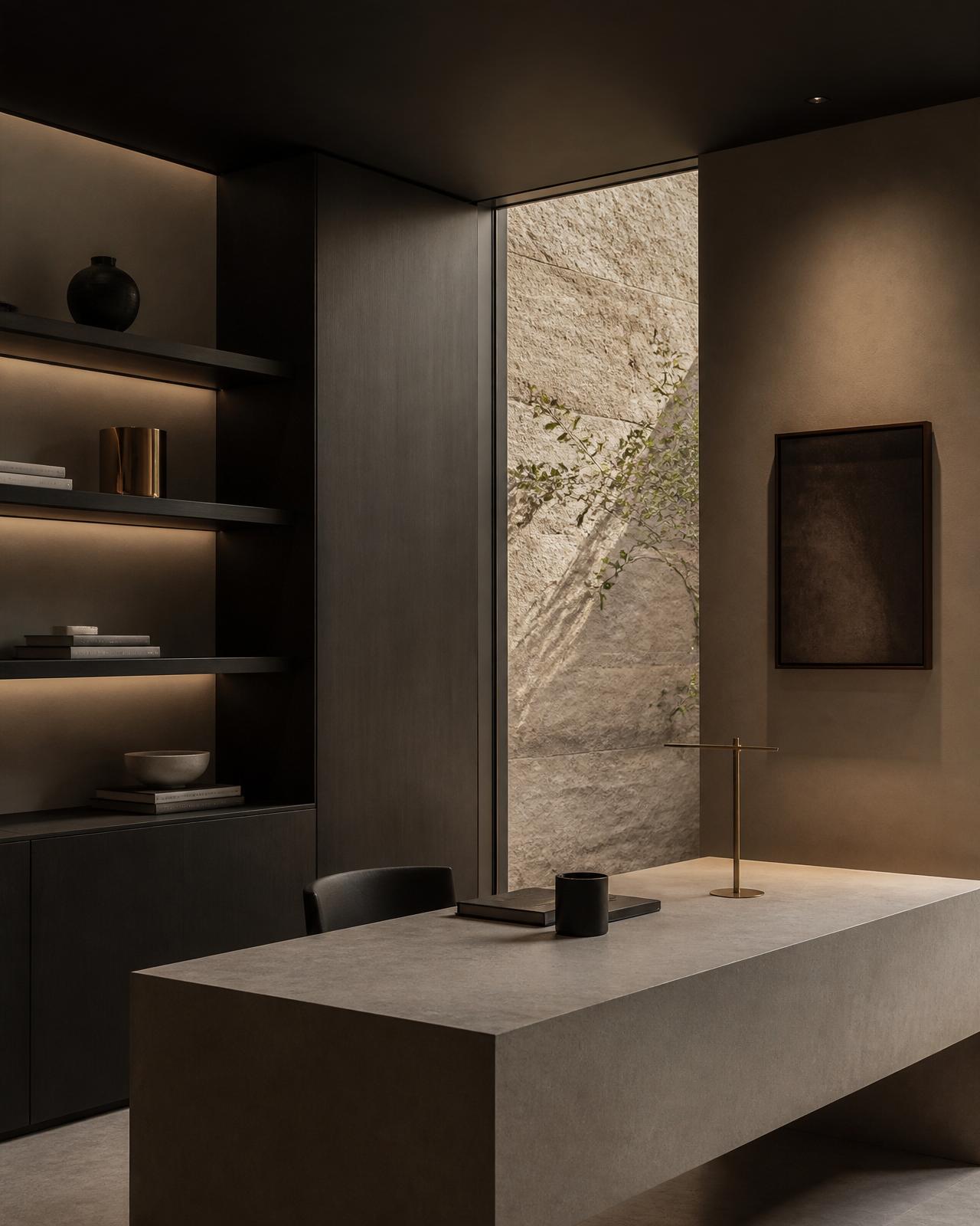 A quiet, minimal workspace with warm natural light